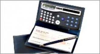 Learn more about Black Leather Checkbook Cover w/ calculator